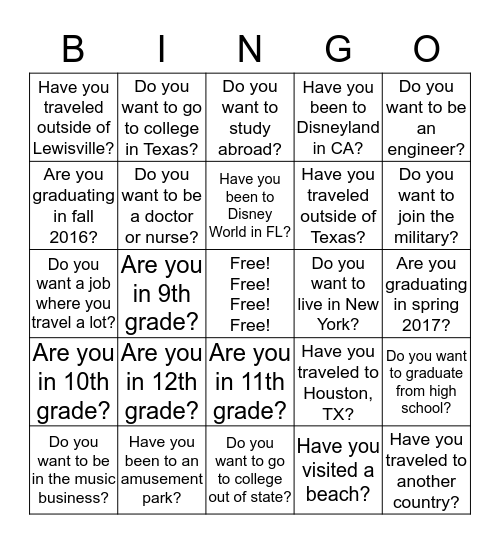 Going Places Bingo Card