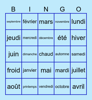 Les jours, les mois, les saisons Bingo Card
