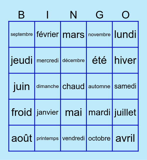 Les jours, les mois, les saisons Bingo Card