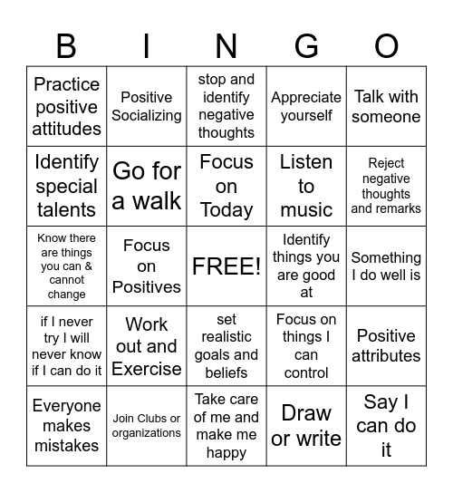 Self Esteem Bingo Card