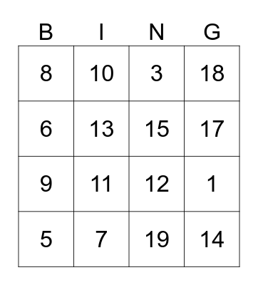 Numeros del 1 - 20 Bingo Card