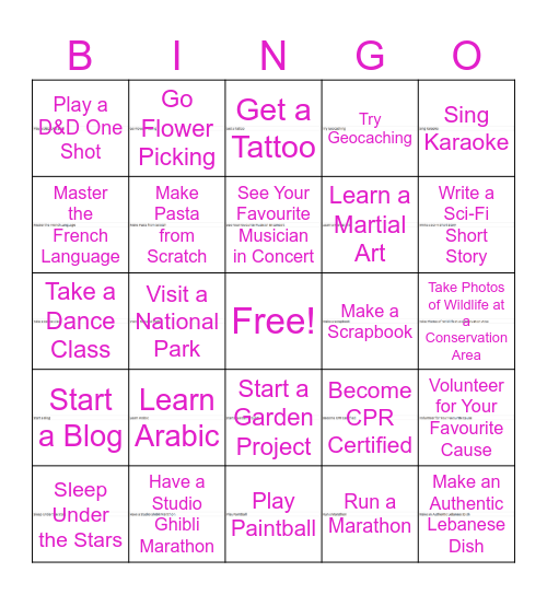 Post-Work Bucket List Bingo Card