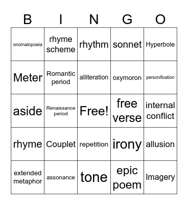Poetry bingo Card