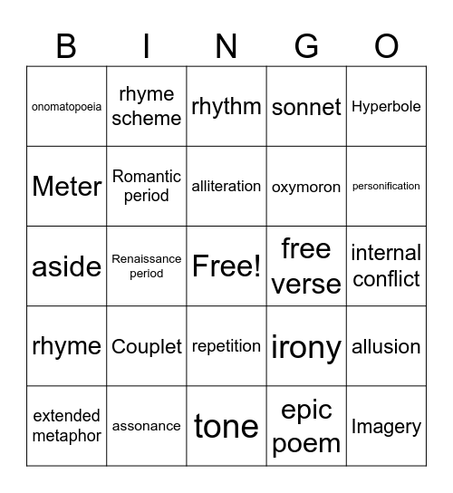 Poetry bingo Card
