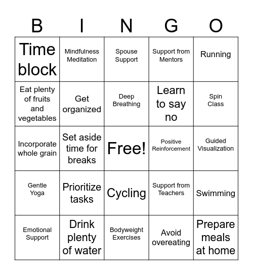 Strategies for Managing Stress Bingo Card