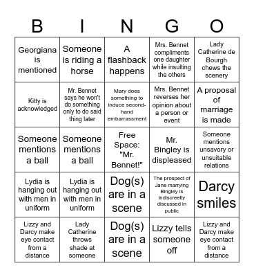 Pride and Prejudice 1995 miniseries BINGO Card