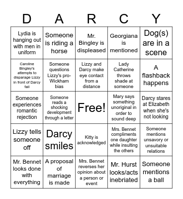Pride and Prejudice (part 2) Bingo Card