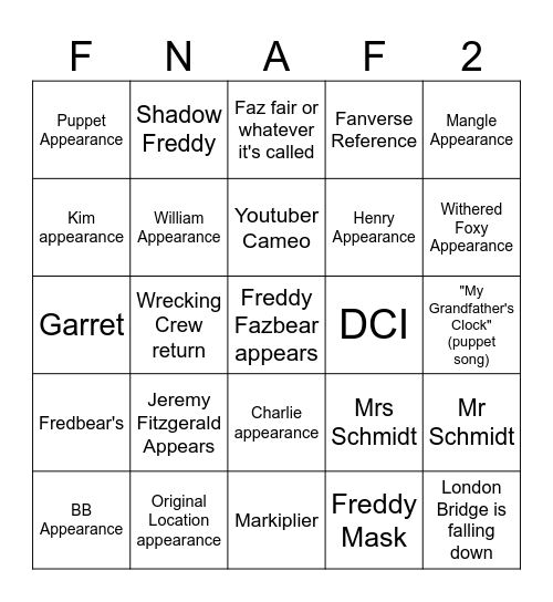FNaF 2 Trailer Bingo Card