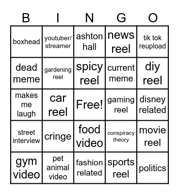 Instagram reel bingo Card