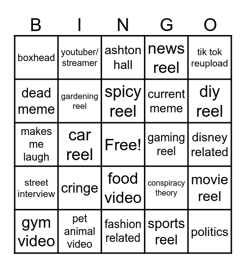 Instagram reel bingo Card