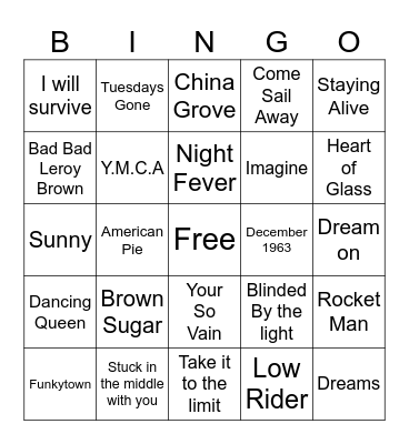 70s Music Bingo Card