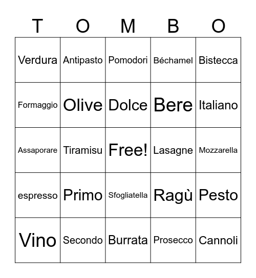 Menu Italiano Tombola Bingo Card
