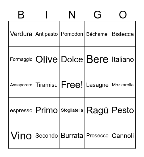 Menu Italiano Tombola Bingo Card