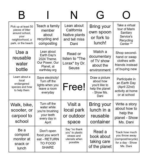 Earth Month Eco Challenge! Bingo Card
