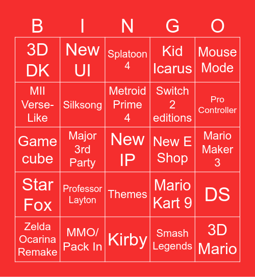 Nintendo Switch 2 April 2nd Direct Bingo Card