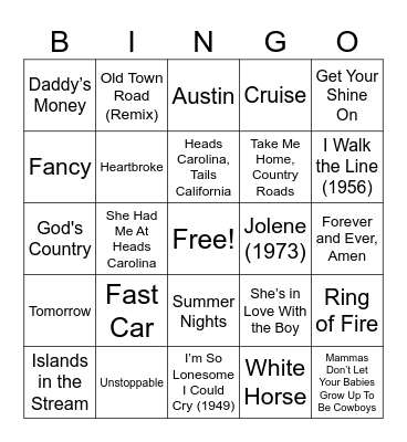 EV FFA Country Music Bingo Card