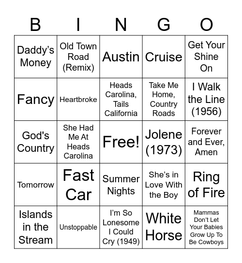 EV FFA Country Music Bingo Card
