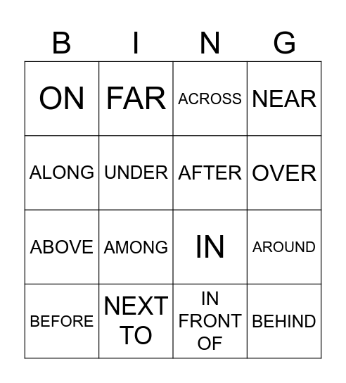 PREPOSITIONS Bingo Card