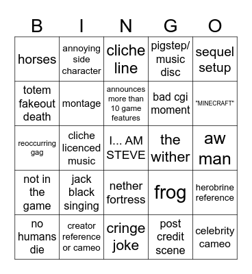 Minecraft Movie Bingo Card