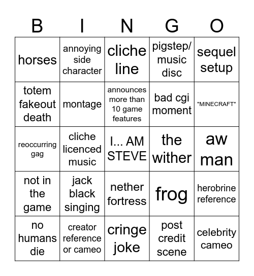 Minecraft Movie Bingo Card