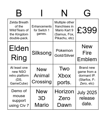 Nintendo Switch 2 Direct Bingo Card Bingo Card