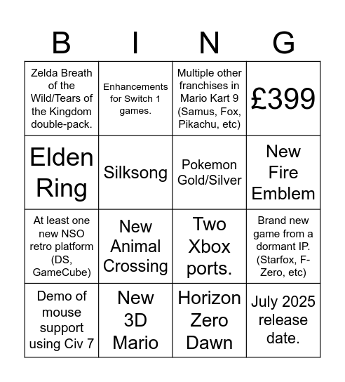 Nintendo Switch 2 Direct Bingo Card Bingo Card