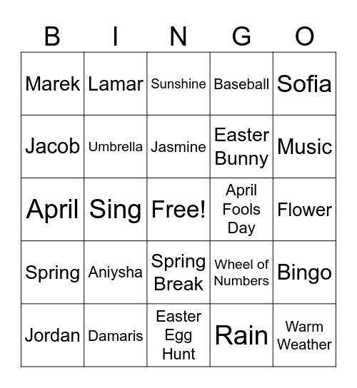 April Music Bingo Card