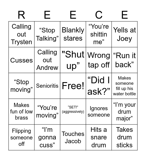 Reece Bingo Card