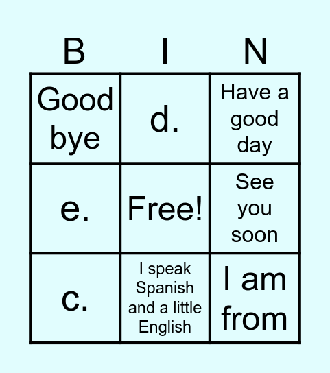 Basic Personal information Bingo Card