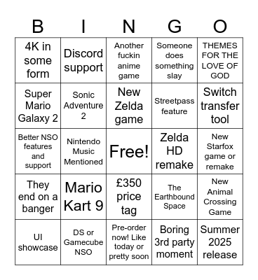 Switch 2 Bingo Card