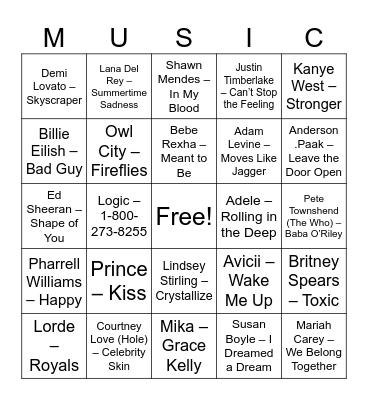 Neurodiversity Music Bingo Card