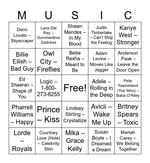 Neurodiversity Music Bingo Card