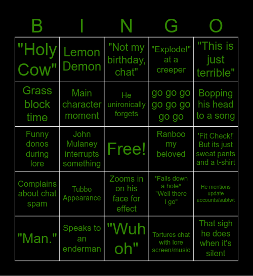 Ranboo Stream Bingo Card
