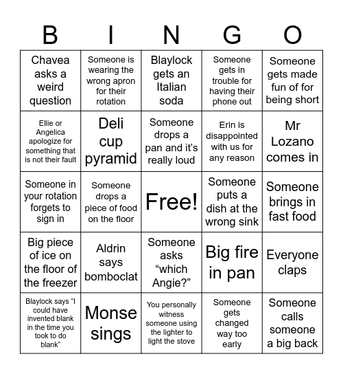 Culinary School Bingo Card