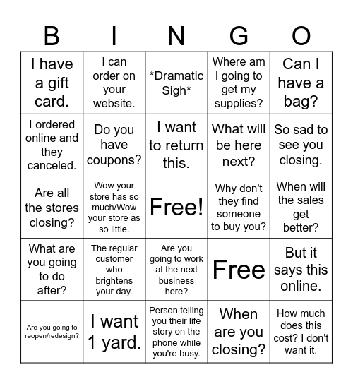 Joann's Closing Bingo Card Bingo Card