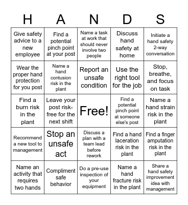 Hand Safety Bingo Card