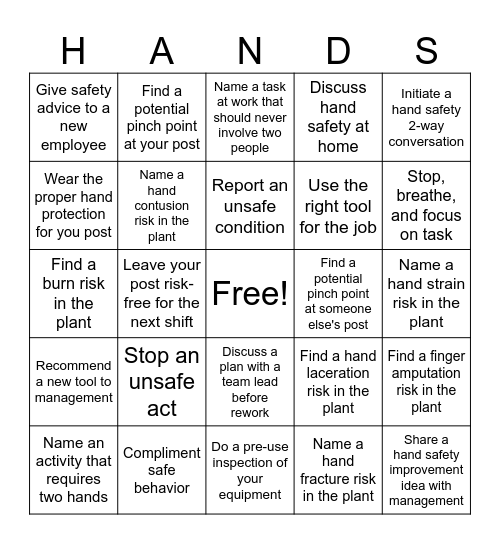 Hand Safety Bingo Card