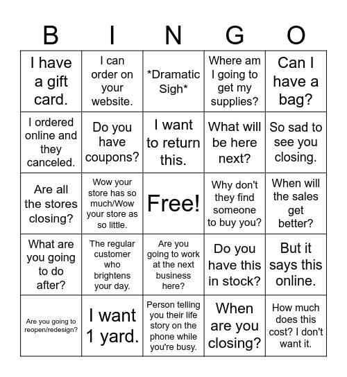 Joann's Closing Bingo Card Bingo Card