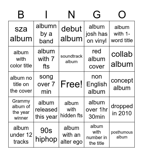 Spotify bingo Card