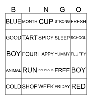 ADJECTIVES AND VERBS Bingo Card