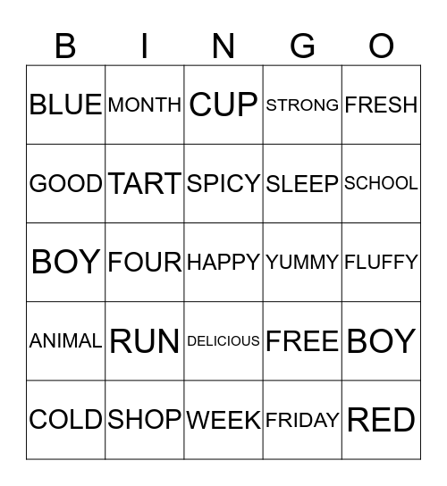 ADJECTIVES AND VERBS Bingo Card