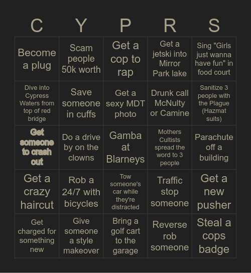 Cypress Drinking Night Pt II Bingo Card