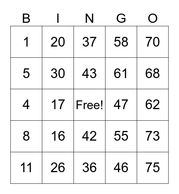 Number Bingo 1-75 Bingo Card