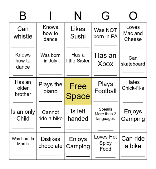 YOUTH HUMAN BINGO Card