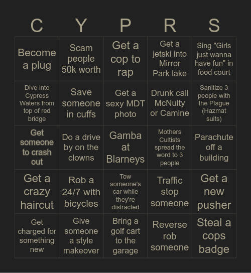 Cypress Drinking Night Pt II Bingo Card