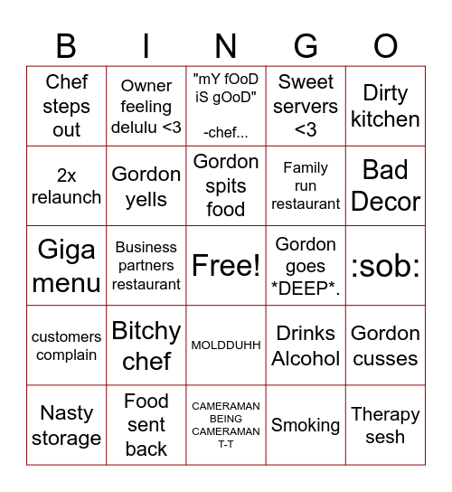 KITCHEN NIGHTMARES BINGO MUHEHE Bingo Card