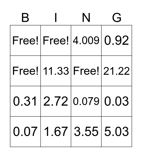 DECIMAL BINGO Card