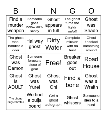 PhasmoPHOBIA Bingo Card