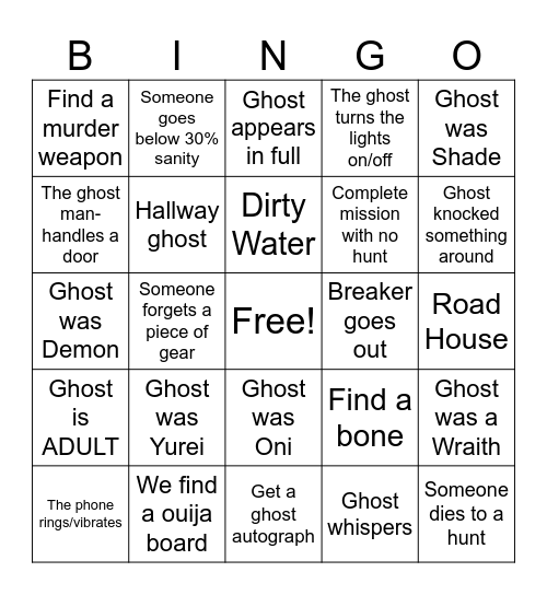 PhasmoPHOBIA Bingo Card