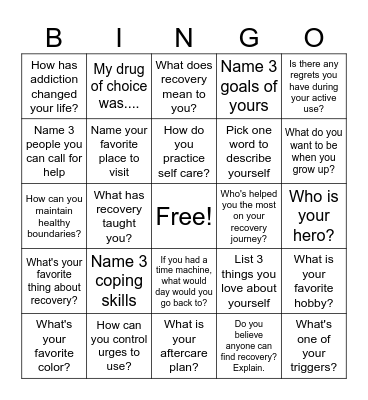Recovery Bingo Card